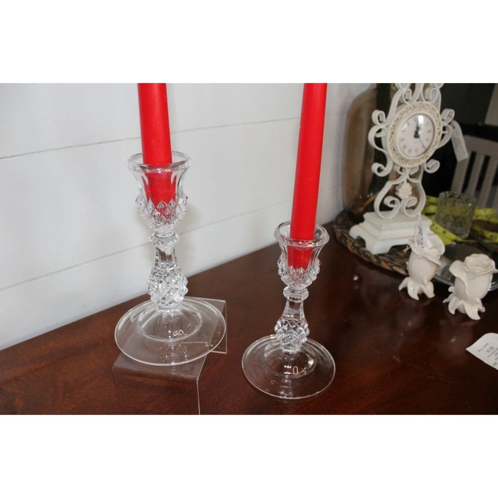pair of Vintage clear pressed diamond-cut candlestick holder
